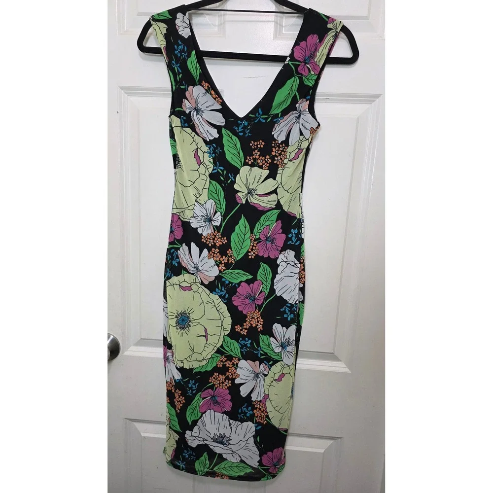 AFRM Floral Midi Dress Womens XS Black Green Pink V-Neck Sheath AED020850 - Picture 2 of 7